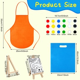 Tenceur 48 Pcs Kids Paint Party Favors Sets with 12 Pcs Pre Drawn Canvas Panel and Wooden Easel Set Paint Pots and Brushes, 12 Pcs Mini Apron and Tote Bag for Kids Student (Stylish)