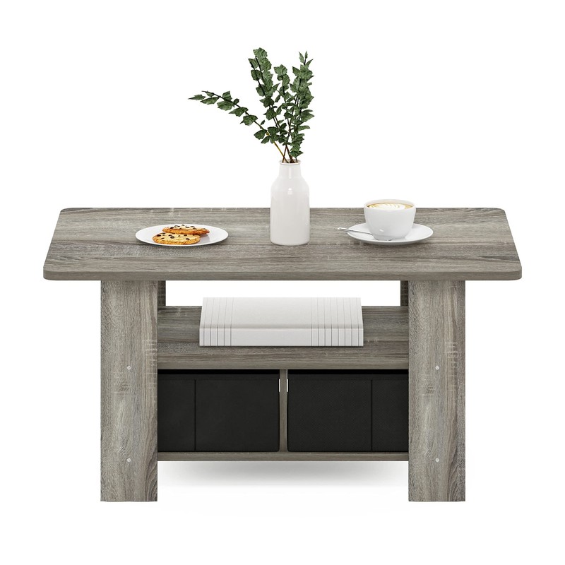 Furinno Andrey Coffee Table with Bin Drawer, French Oak Grey/Black