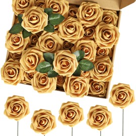 MACTING 60PCS Artificial Fall Flowers, Real Touch Fake Roses with Stem, Foam Roses for Wedding Bouquet Table Centerpieces Party Wreath Home Autumn Thanksgiving Decor(Gold Yellow)