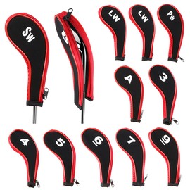 Hipiwe Number Print Golf Club Iron Covers Durable Neoprene Zippered Head Covers with Long Neck - Set of 12 (Black + Red)
