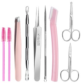 Teenitor Facial Tools Kit with Blackhead Remover Tweezers, Ingrown Hair Tweezers, Pimple Extractor Acne Treatment Tool, Eyebrow Scissors, Razor, Brush