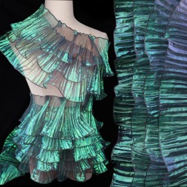 Iridescent Chiffon Lace Trim & Ruffle Fabric Trim– Mermaid Style Elegant Organza Gown, Shimmery Jellyfish Tentacles Ribbon (Iridescent Green)