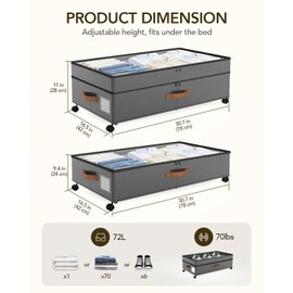 Megapuxin 4 Pack Under Bed Storage with Wheels, Adjustable Height Storage Containers, 11inches Large Capacity Rolling Underbed with Lids, Storage Drawers Shoes, Clothes, Blankets, Grey