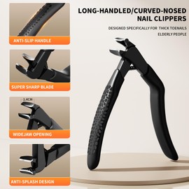 ZIZZON Ergonomic Non-Slip Long Handle Nail Clippers for Seniors – Angled Head with Wide Jaw, Built in Catcher for Thick Toenails and Fingernails