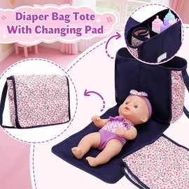 deAO Baby Doll Set, 22-Piece Baby Doll Feeding and Care Set, 28 cm Doll Toy with Doll Changing Bag, Bed, Bottles, Bibs, Tableware, Bath Accessories for Children from 3 Years