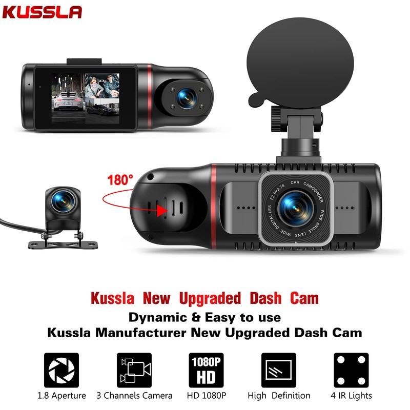 Kussla 3 Channel Dash Cam Front and Rear Inside, 1080P