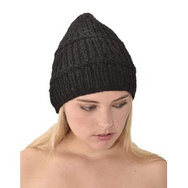 Hand Knitted 100% Merino Wool Snowboard Ski Himalayan Slouchy Beanie Polar Fleece Lined Woolen Stocking Cap Womens Winter Hat-Grey- Black