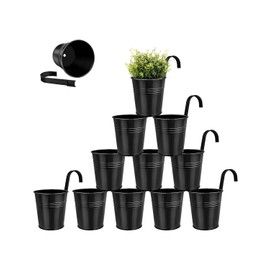 6 Inch Metal Railing Planter for Outdoor Plants - 12 Pack Balcony Hanging Planter Box with Detachable Hooks and Drain Holes Oval Hanging Pots Small Fence Planters for Railing Garden Fence, Black