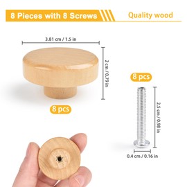 Wooden Drawer Knobs, 8 PCS Wooden Knobs for Dresser, Flat Top Round Wood Drawer Pulls, Wooden Cabinet Knobs with Screw for Drawer Wardrobe Dresser, Cupboard