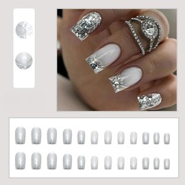 Pikabows Press On Nails Medium Square Fake Nails Acrylic French Tip White Silver Glitter Glossry Sequins False Nail Tips Kit Glue on Nails for Women