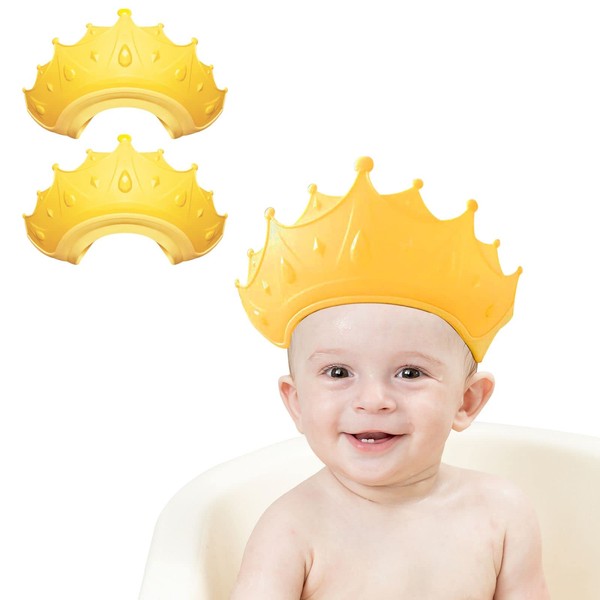 2 PCS Baby Shower Cap Silicone for Toddlers and Kids from 6 Months to 12-Year Old, Soft Adjustable Bathing Crown Hat Safe for Washing Hair, Protect Eyes and Ears from Shampoo for Baby, (yellow)