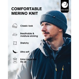 Men's Women's Black Oversized L/XL Winter Short Fisherman Beanie Merino Wool Blend Skull Watch Knit Cap Large Big Heads Durable Warm Hat Cold Weather