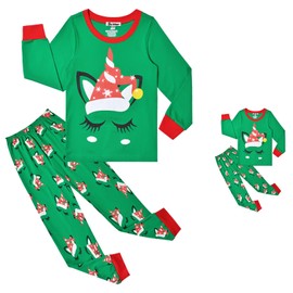 Jxstar Girls Christmas Green Unicorn Pajamas Set Matching Girls & Doll Kids Cotton Pjs Gifts,Size 10 11