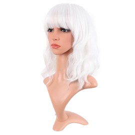 MapofBeauty 14 Inch/35 cm Short Wavy Curly Women Fresh Bright Synthetic Ordinary Flat Bangs Bob Wig (White)