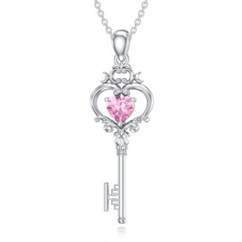 SLIACETE Birthstone Keyring Necklace Key Chain Necklace Gift for Women, Sterling Silver, Cubic Zirconia