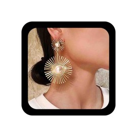 Allereya Vintage Sunburst Earrings Pearl Earrings Geometric Sun Dangle Earrings Gold Beads Stud Earrings Jewellery for Women and Girls (Gold)
