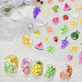 Summer Fruit Nail Art Stickers Decals 5D Embossed Cute Stickers Summer Jelly Apple Strawberry Grapes Nail Decorations Supplies Fruit Theme Nail Adhesive Sliders for Women Girls DIY Salons
