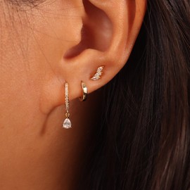 Freekiss Gold Hoop Earrings for Women: Dainty Dangle Earrings 14K Gold Plated Hypoallergenic Stud Earring Set Small Hoop Diamond Huggie Tear Drop Earrings Gold Jewelry for Women Gifts