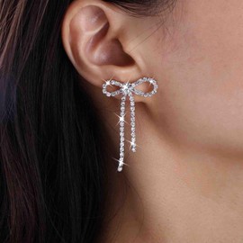 Cybche Boho Kristall Bogen Ohrringe Silber Strass Bogen Baumeln Ohrringe Lange Tennis Kette Tropfen Ohrringe Pave Cz Bogen Quaste Ohrringe Hochzeit Kristall Bowknot Ohrstecker Schmuck Für Frauen