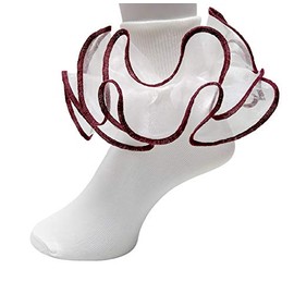 Girls Double Ruffle Socks - Big Full Organza with Trim Pageant Fanfare Foldover Ankle Style - 6-12 Month Old (Size 3-4, Ivory w/ Burgundy Trim)