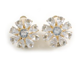 Clear Cz Flower Clip On Earrings in Gold Tone - 17mm Diameter