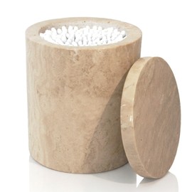 4.55" Travertine Qtip Swab Holder Easy-Lift Lid Bathroom Storage Canister