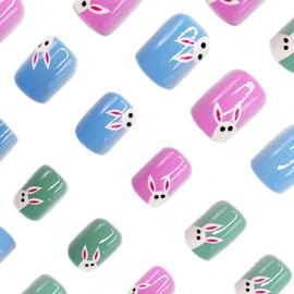 24 Pcs Colorful Glossy Easter Press on Nails Short Square Fake Nails Cute White Bunny False Nails with Design Spring Acrylic Nails Full Cover Easter Rabbit Stick on Nails for Women Nail Art DIY