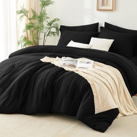 CozyLux Twin XL Comforter Set - 5 Pieces Seersucker Twin Extra Long Bed in a Bag for College Dorm, Soft Lightweight Boho Bedding Set with All Season Comforter, Sheets, Pillowcase & Sham, Black