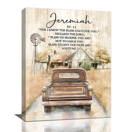 Christian Jeremiah Wall Art Farmhouse Rustic Old Truck Barn Canvas Painting Print Bible Verse Scripture Pictures Wall Decor Framed Artwork Home Decoration for Bedroom Kitchen Bathroom 12"x16"