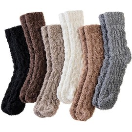 (6 Pairs) ZANZER Fuzzy Socks For Women Slipper Warm Fluffy Soft Winter Cozy Plush Sleep Cabin Christmas Home SockLight Curry + Medium Curry + Gray + White)
