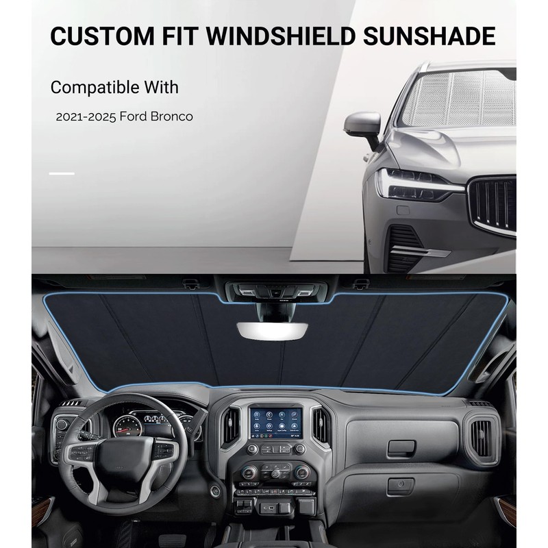 Pigenius Windshield Sun Shade for Ford Bronco 2021-2025. Reflective Aluminum