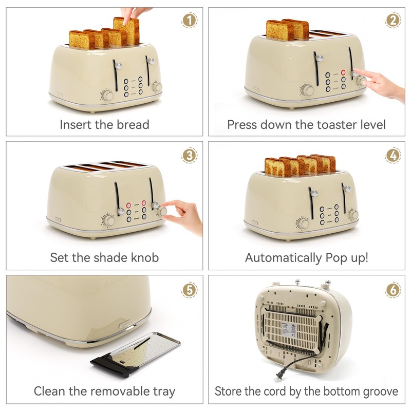 Toaster 4 Slice, Retro Stainless with 6 Bread Shade Settings,1.5''Wide