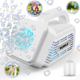 Babuloo Small Bubble Machine, Portable Automatic Bubble Machine for Kids 8000+ Bubbles Per Minute, 10 Holes Bubble Making Machine with Solution/Lights for Outdoor Wedding Party Birthday, White