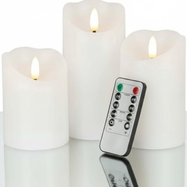 VENTA Set of 3 White Pillar Candles | Real Wax Battery Operated Flickering LED Candles with Remote | Timeless Decor for Farmhouse, Modern & Mantel Displays