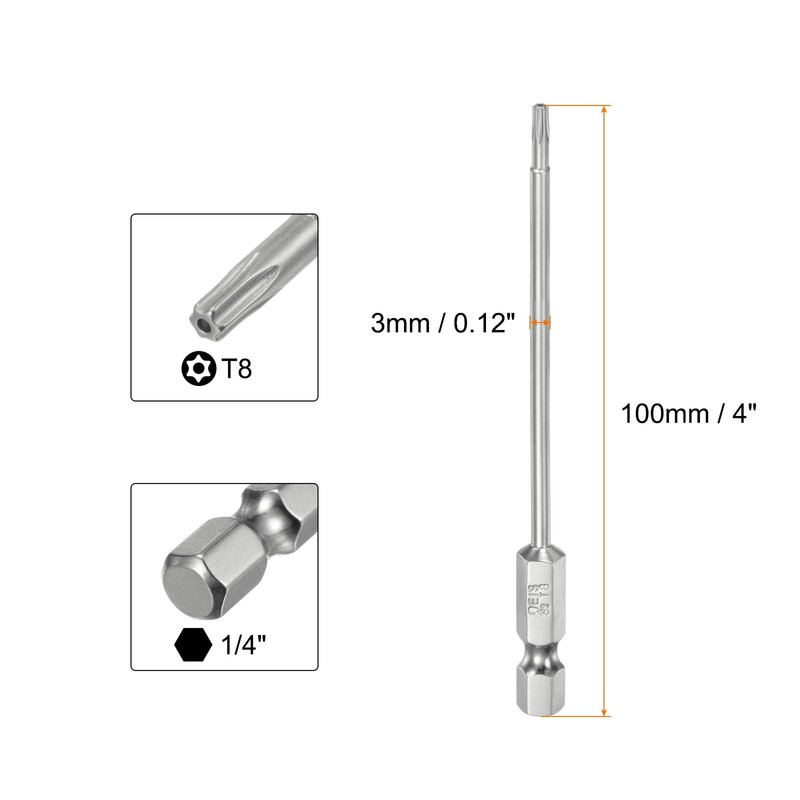 sourcing map T8 Security Torx Bit 1/4" Hex Shank 4"
