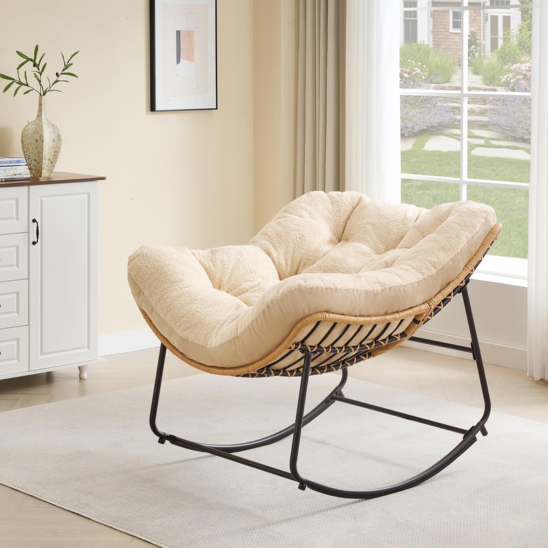 ONBRILL Outdoor Rocking Chairs, Oversized Papasan Rocking Chair Indoors with