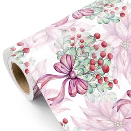 WRAPAHOLIC Flower Christmas Wrapping Paper - Mini Roll - 17 Inch x 16.5 Feet - Pink Poinsettias, Berry Bunches with Bow Wrapping Paper for Christmas, Holiday, Party Celebration