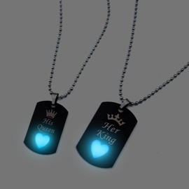 ATLVXJL King and Queen Hand in Hand Couples Luminous Necklaces Stainless Steel Dog Tags Chain His & Hers Matching Jewelry Gifts for Valentine's Day, Stainless Steel, Zircon