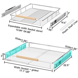 DPZM 2 Pack Expandable Pull Out Cabinet Organizer, Slide Out Drawers for Kitchen Cabinets, Heavy Duty Drawer Slides for Home Kitchen Pantry Cupboard Pots Pans, Adjustable Width 17.1"~28.1" W x 22.5''D