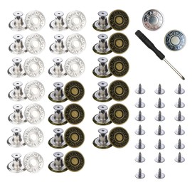 cpqakb 20 Pcs Button for Sewing Metal Jeans, 17 mm No-Sew Nailess Removable Metal Jeans Buttons Replacement Repair Combo Thread Rivets and Screwdrivers.(Silver and Brozen with Letters 20 Sets)