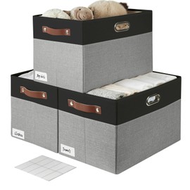 Bagnizer Large Collapsible Fabric Storage Bins with 3 Handles, Foldable Organizer Baskets for Closet, Shelves, Living Room | 3 Pack, Durable PU & Metal Handles (17"x11.8"x11.8", Black & Gray)