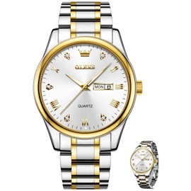 OLEVS Montre Homme, Silver Watches for Men Waterproof Analog Quartz Mens Watches Stainless Steel Luxury Day Date Wrist Watches for Men Diamond Two Tone Simple Male Watches