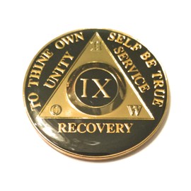Recovery Line 9 Year AA Medallion - Classic Black & Gold Alcoholics Anonymous Chip, Token, Coin