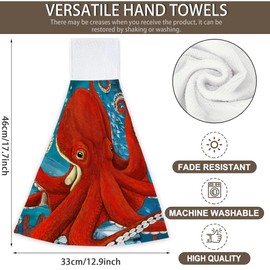 Watercolor Underwater Animal Octopus Kitchen Hand Towels Hand Tie Towels Set of 2 PCS Dish Towels with Loops Tea Bar Dish Cloths Towel for Bathroom Home