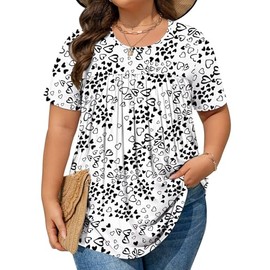 LIXHULT Womens Plus Size Tops Tunic Short Sleeve Round Neck Shirts Pleated Dressy Casual Soft Blouse 1X-5X (White,3XL)