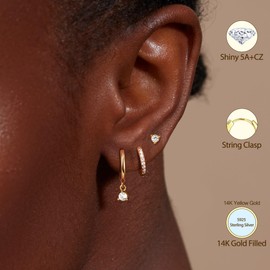 Morfetto 925 Sterling Silver Stud Earrings Huggie Earring Set for Multiple Piercings Hypoallergenic 14 Carat Gold Earrings Petite Gold Earrings Small Hoop Cartilage Earrings for Women 3 Pairs,