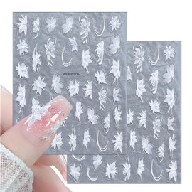 2Sheets White Flower Nail Art Stickers 5D Embossed Nail Decals Self Adhesive Diamond Flower Nails Stickers White Feather Lace Flower Snow Mowing Nail Designs for Nails Women Girl Nail Decoration