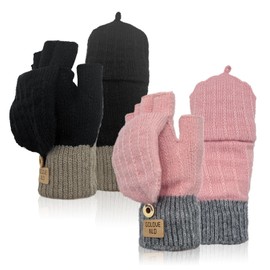 FUIPVGI 2 Pairs Fingerless Gloves, Thermal Winter Gloves Women, Fingerless Touch Screen Flip Thermal Fluffy Gloves, Soft Lining, Cable Knit, for Cycling Skiing Hiking (Black, Pink)