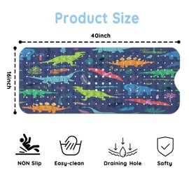 KINUUIS Bathtub Mats for Kids, Cartoon Blue Dinosaur Bath Mat for Tub Non Slip, 40 X 16 Inch Large Washable Bathtub Mat Non Slip for Showers with Drain Holes and Suction Cups