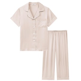 Joyaria Womens Satin Capri Pajama Sets,Silky & Lightweight Short Sleeve Button Down Sleep Set (Champagne,XXL)